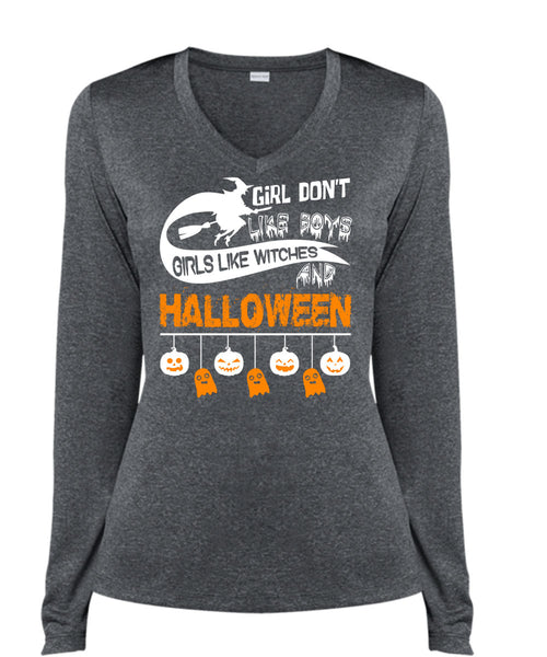 Girls Like Witches And Halloween T Shirt, Girl Don't Like Boys T Shirt, Cool Shirt (Ladies LS Heather V-Neck)