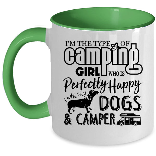 Happy With My Dogs And Camper Coffee Mug, Camping Girl Accent Mug