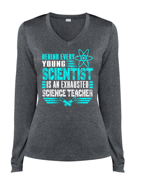 Behind Every Young Scientist T Shirt, Science Teacher T Shirt, Cool Shirt (Ladies LS Heather V-Neck)
