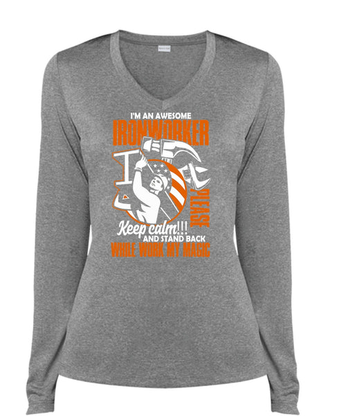 I'm An Awesome Ironworker T Shirt, Work My Magic T Shirt, Cool Shirt (Ladies LS Heather V-Neck)