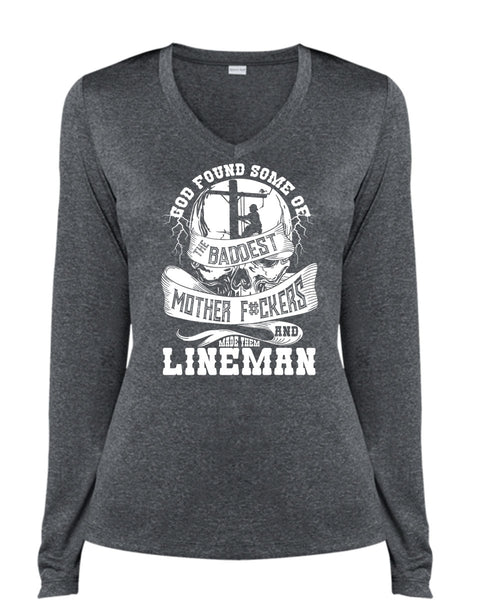 Made Them Lineman T Shirt, The Baddest Mother T Shirt, Cool Shirt (Ladies LS Heather V-Neck)