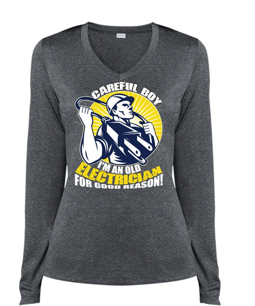 I'm An Old Electrician T Shirt, Being An Electrician T Shirt, Cool Shirt (Ladies LS Heather V-Neck)