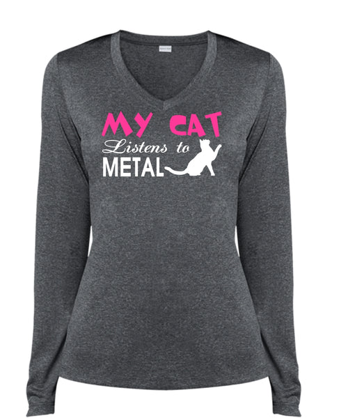 My Cat Listens To Metal T Shirt, My Pets T Shirt, I Love My Cat T Shirt (Ladies LS Heather V-Neck)