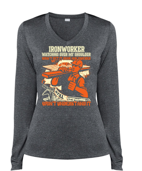 Ironworker Watching Over My Shoulder T Shirt, Being An Ironworker T Shirt, Cool Shirt (Ladies LS Heather V-Neck)