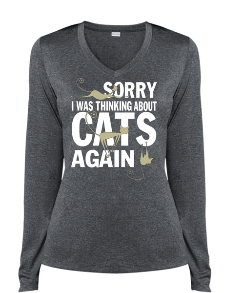 I Was Thinking About Cats Again T Shirt, My Favorite T Shirt, Cool Shirt (Ladies LS Heather V-Neck)