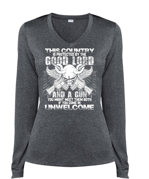 Good Lord And A Gun T Shirt, Being A Gunner T Shirt, Cool Shirt (Ladies LS Heather V-Neck)