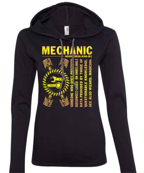 Being A Mechanic T Shirt, Who Does Precision Guesswork T Shirt (Anvil Ladies Ringspun Hooded)