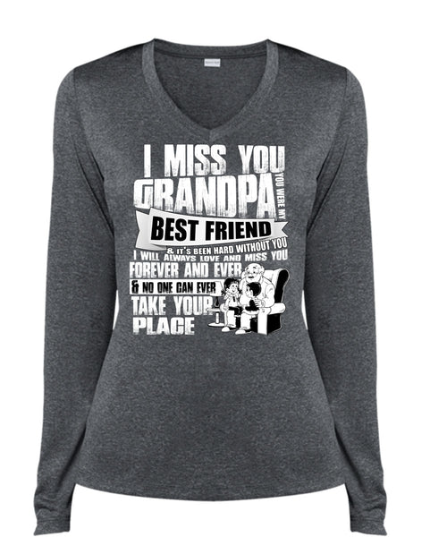 I Miss You Grandpa T Shirt, Best Friend T Shirt, Cool Shirt (Ladies LS Heather V-Neck)