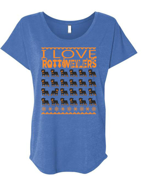 I Love Rottweilers T Shirt, This Girl Loves Christmas T Shirt, Cool Shirt (Ladies' Triblend Dolman Sleeve)