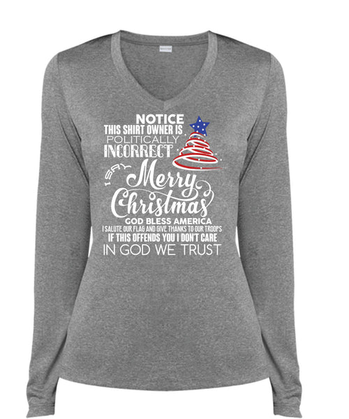 Merry Christmas T Shirt, God Bless America T Shirt, Cool Shirt (Ladies LS Heather V-Neck)