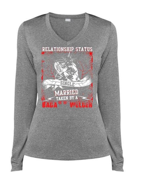 Married Taken By A Welder T Shirt, Realtionship Status T Shirt, Cool Shirt (Ladies LS Heather V-Neck)