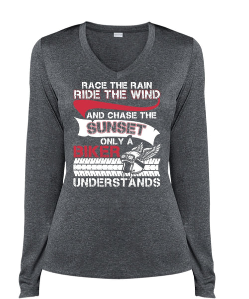 Only A Biker Understand T Shirt, Ride The Wind T Shirt, Cool Shirt (Ladies LS Heather V-Neck)