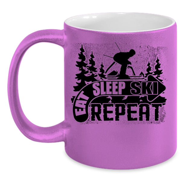 Outdoor Activity Coffee Mug, Eat Sleep Ski Repeat Accent Mug