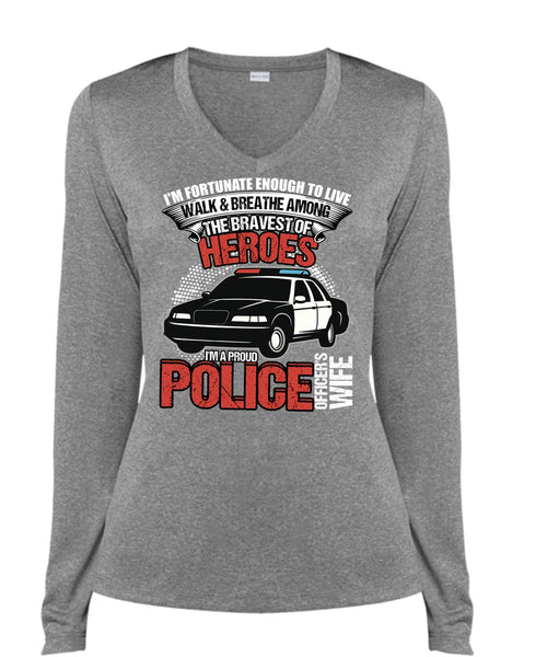I'm A Proud Police Officer's Wife T Shirt, Being A Police T Shirt, Cool Shirt (Ladies LS Heather V-Neck)