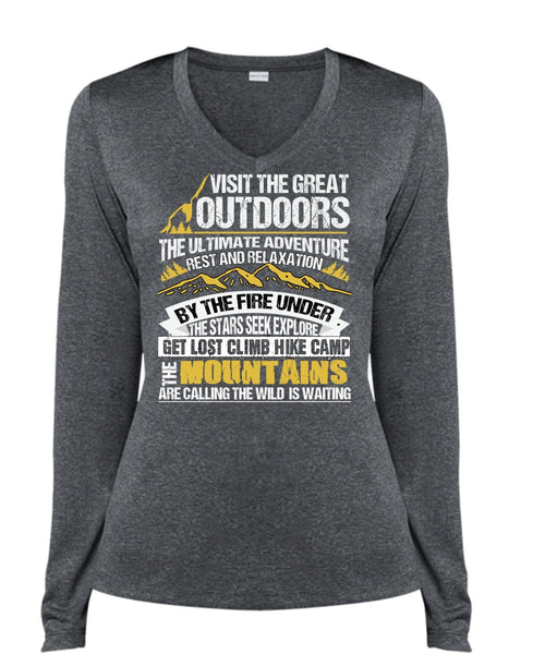 Get Lost Climb Hike Camp T Shirt, Visit The Great Outdoors T Shirt, Cool Shirt (Ladies LS Heather V-Neck)