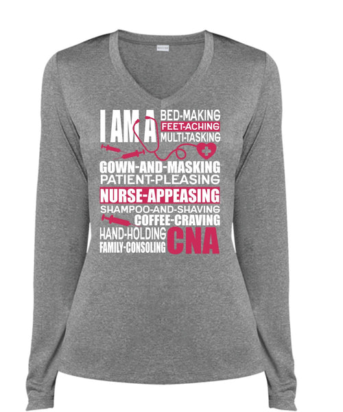 Family Consoling CNA T Shirt, Patient Pleasing T Shirt, Cool Shirt (Ladies LS Heather V-Neck)