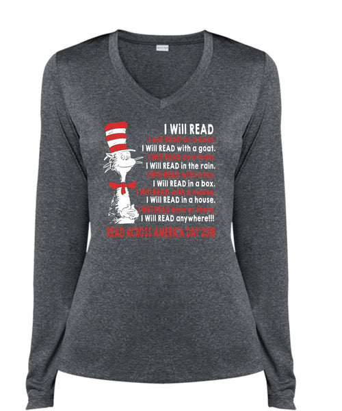 The Cat in the Hat T Shirt, I Will Read With A Mouse T Shirt, I Will Read In A House T Shirt, Cool Shirt (Ladies LS Heather V-Neck)