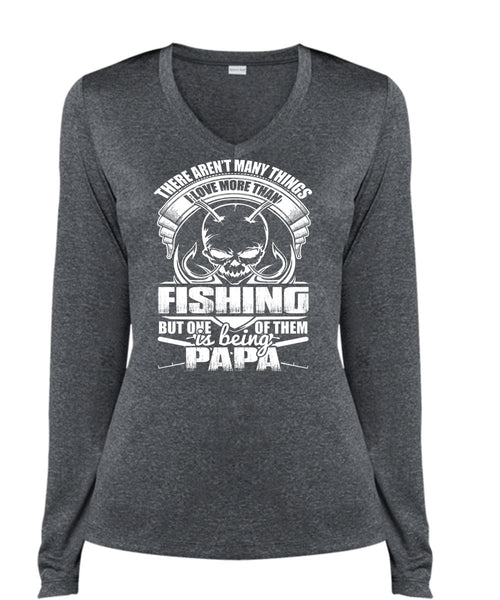 I Love More Than Fishing T Shirt, Being Papa T Shirt, Cool Shirt (Ladies LS Heather V-Neck)