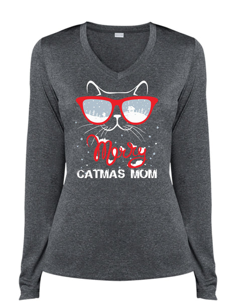 Merry Catmas Mom T Shirt, I Love Christmas T Shirt, Cool Shirt (Ladies LS Heather V-Neck)