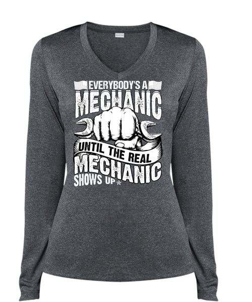 Everybody's A Mechanic T Shirt, Mechanic Shows Up T Shirt, Cool Shirt (Ladies LS Heather V-Neck)