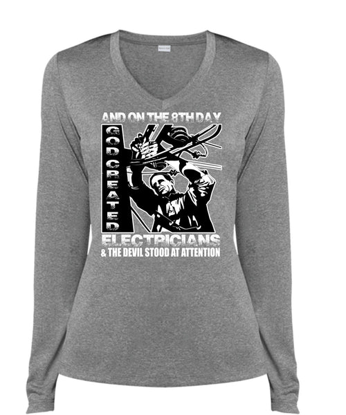 God Created Electricians T Shirt, Being An Electrician T Shirt, Cool Shirt (Ladies LS Heather V-Neck)