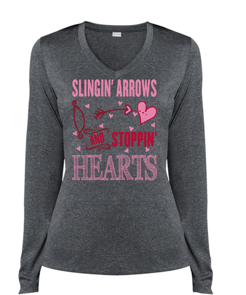 Slinging Arrows And Stopping Hearts T Shirt, I Love Husband T Shirt, Cool Shirt (Ladies LS Heather V-Neck)