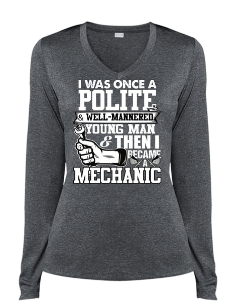I Became A Mechanic T Shirt, Young Man T Shirt, Cool Shirt (Ladies LS Heather V-Neck)
