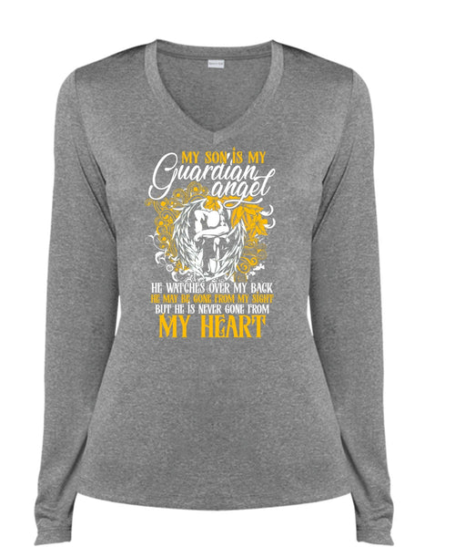 My Son Is My Guardian Angel T Shirt, My Heart T Shirt, Cool Shirt (Ladies LS Heather V-Neck)