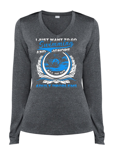 I Just Want To Go Swimming T Shirt, Adult Problems T Shirt, Cool Shirt (Ladies LS Heather V-Neck)