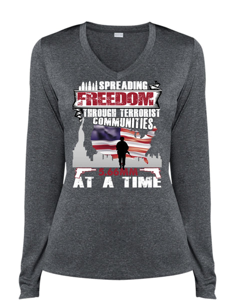 Spreading Freedom T Shirt, Being A Veteran T Shirt, Cool Shirt (Ladies LS Heather V-Neck)