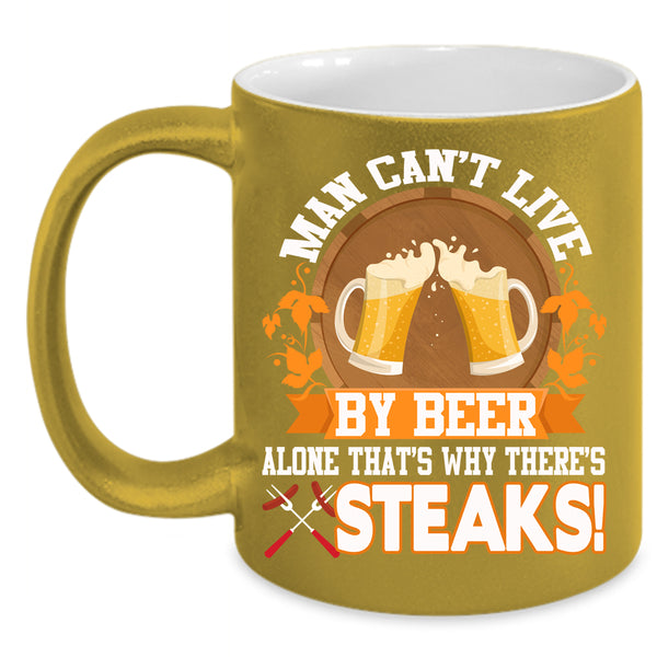 Man Can't Live By Beer Alone Coffee Mug, Funny Beer Drinker Coffee Cup
