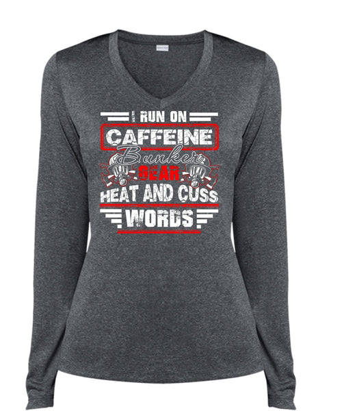I Run Caffeine Bunker T Shirt, Being A Firefighter T Shirt, Cool Shirt (Ladies LS Heather V-Neck)
