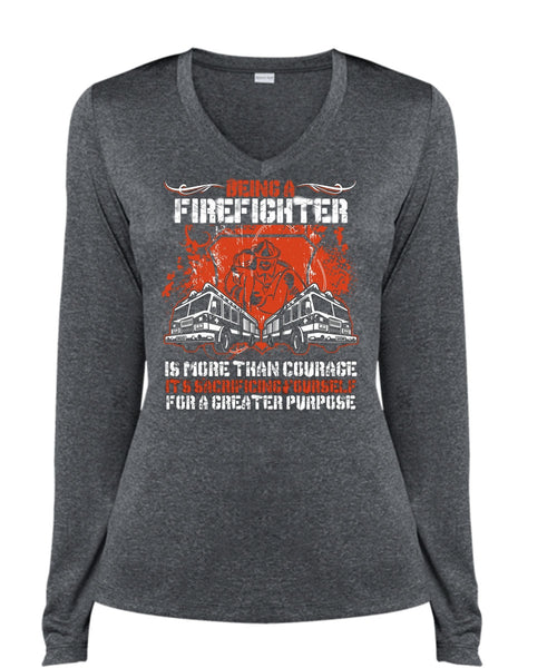 Being A Firefighter T Shirt, It's Sacrificing Yourself T Shirt, Cool Shirt (Ladies LS Heather V-Neck)
