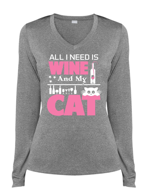 All I Need Is Wine And My Cat T Shirt, My Pets T Shirt (Ladies LS Heather V-Neck)