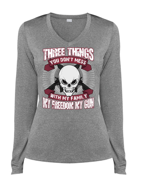 You Don't Mess With My Family T Shirt, My Freedom My Gun T Shirt, Cool Shirt (Ladies LS Heather V-Neck)