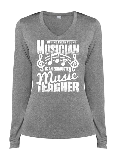 Behind Every Young Musician T Shirt, Music Teacher T Shirt, Cool Shirt (Ladies LS Heather V-Neck)