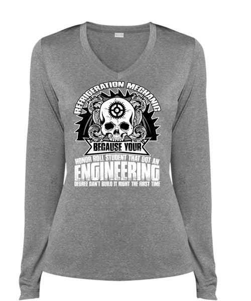 Refrigeration Mechanic T Shirt, Engineering Degree T Shirt, Cool Shirt (Ladies LS Heather V-Neck)