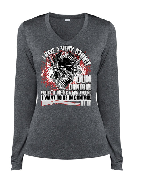I Have A Very Strict Gun Control T Shirt, Being A Veteran T Shirt, Cool Shirt (Ladies LS Heather V-Neck)