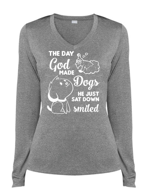 The Day God Made Dogs He Just Sat Down Smiled T Shirt, Pets T Shirt, I Love Dog T Shirt (Ladies LS Heather V-Neck)