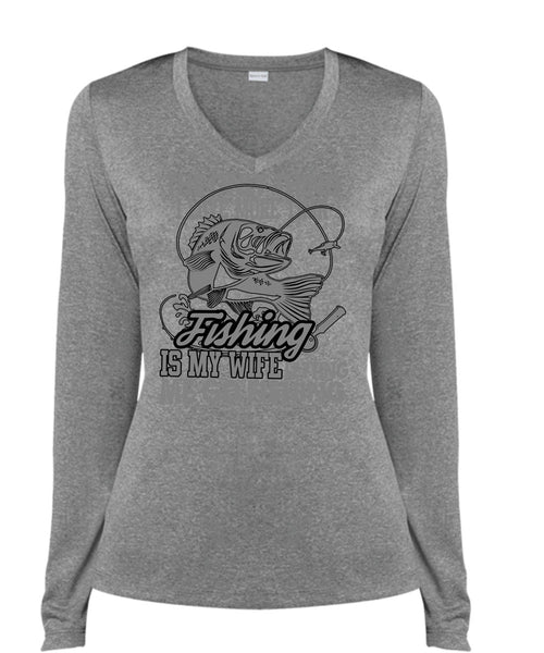 I Love More Than Fishing T Shirt, Letting Me Go Fishing T Shirt, Cool Shirt (Ladies LS Heather V-Neck)