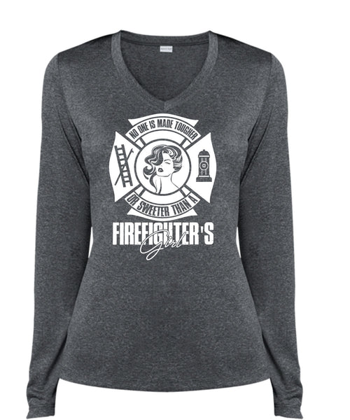 Sweetest Than A Firefighter's Girl T Shirt, Being A Firefighter T Shirt, Cool Shirt (Ladies LS Heather V-Neck)