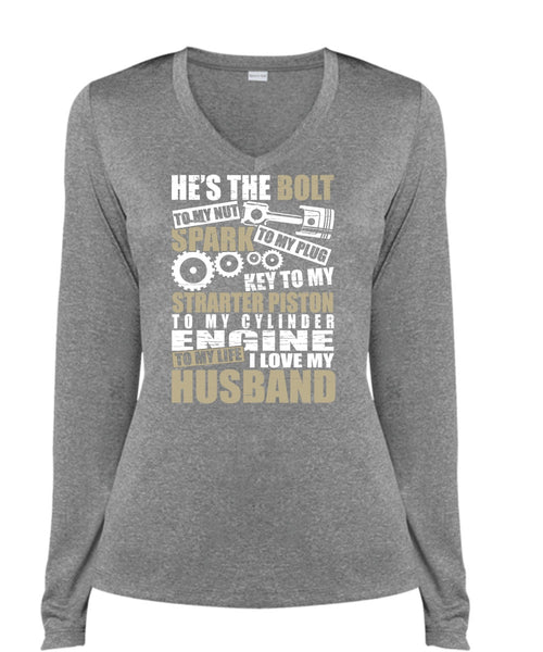 I Love My Husband T Shirt, He's The Bolt T Shirt, Cool Shirt (Ladies LS Heather V-Neck)
