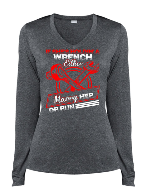 She's Holding A Wrench T Shirt, Marry Her Or Run T Shirt, Cool Shirt (Ladies LS Heather V-Neck)