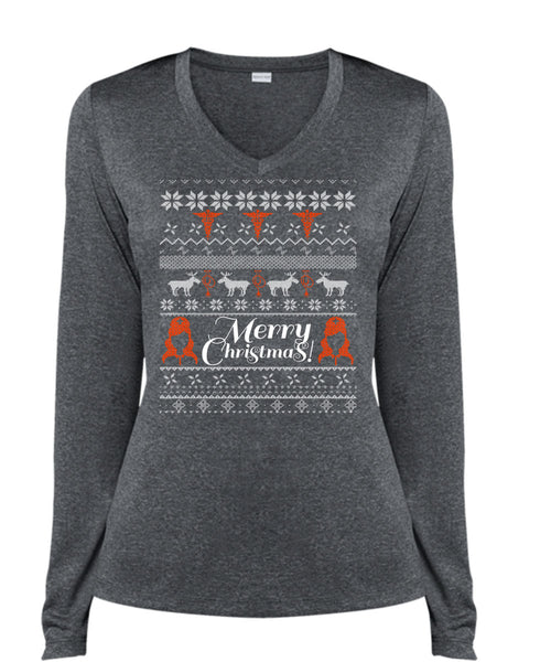 Merry Christmas T Shirt, Funny Winter T Shirt, Cool Shirt (Ladies LS Heather V-Neck)