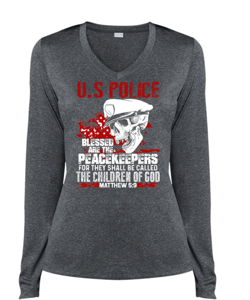 US Police T Shirt, The Children Of God T Shirt, Cool Shirt (Ladies LS Heather V-Neck)