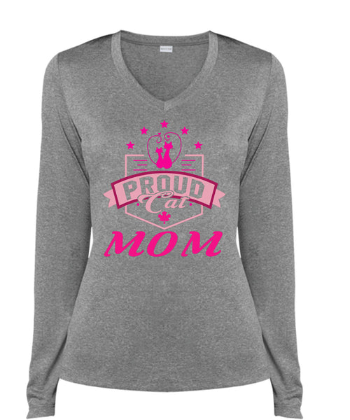 Proud Cat Mom T Shirt, I Love My Cat T Shirt, Cool Shirt (Ladies LS Heather V-Neck)