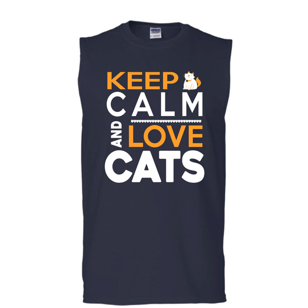 Keep Calm And Love Cat Shirt, Cool Cat Shirt (Men's Cotton Sleeveless)