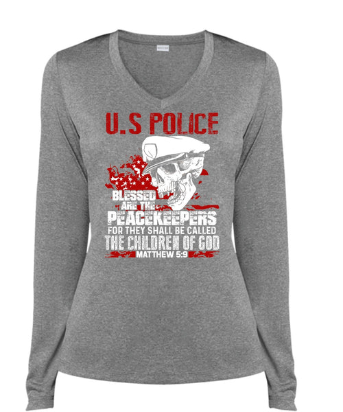 US Police T Shirt, The Children Of God T Shirt, Cool Shirt (Ladies LS Heather V-Neck)