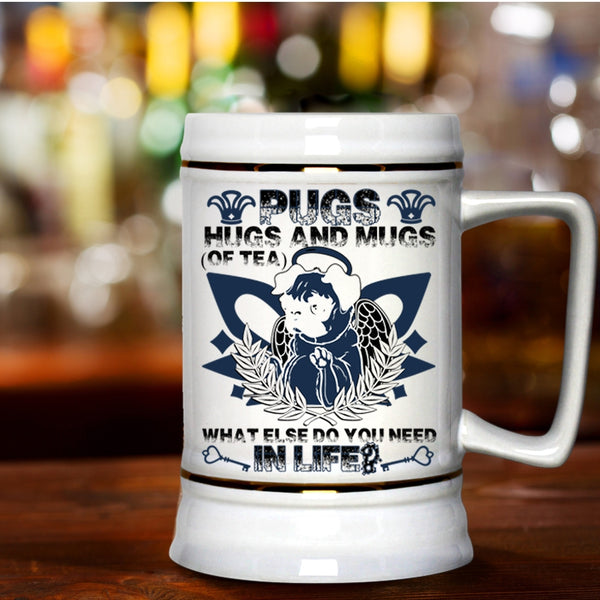 Cute Pug Lovers Beer Stein 22oz, Pugs Hugs And Mugs Of Tea Beer Mug