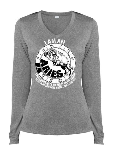 I Am An Aries T Shirt, Fire In My Soul T Shirt, Cool Shirt (Ladies LS Heather V-Neck)